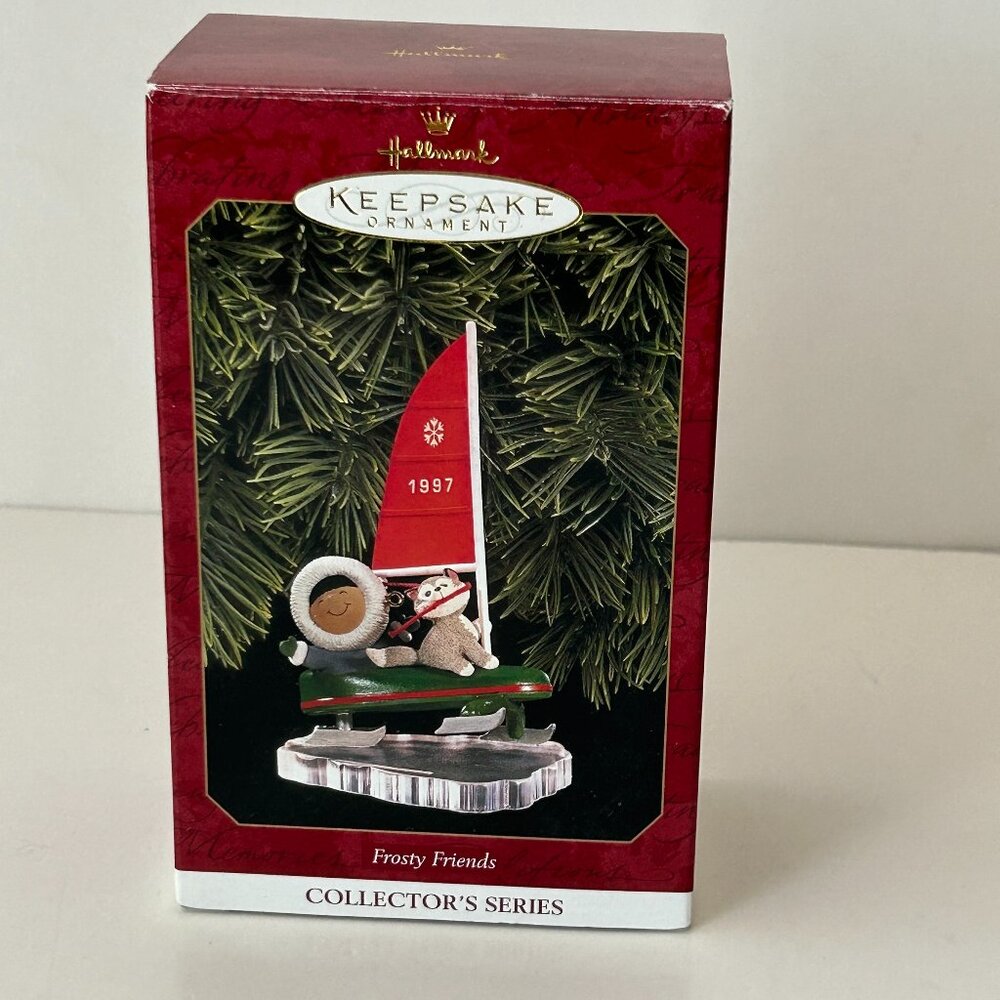 Hallmark Frosty Friends 1997 Christmas Ornament Eskimo Sailboat Husky Dog VTG